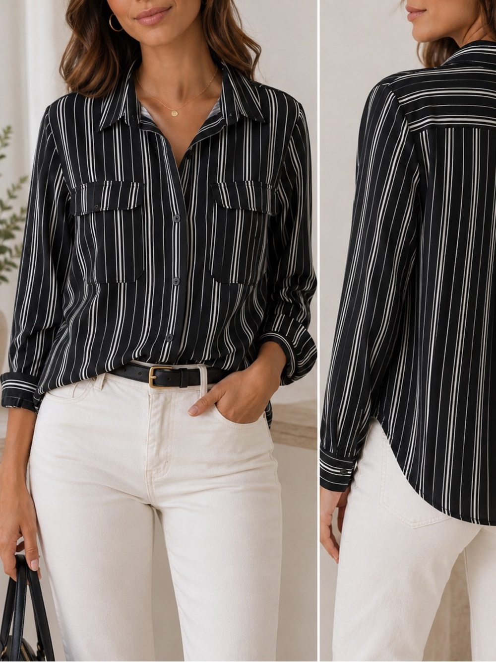 H&M Black Button-Down Shirt with White Pinstripes size 6 feels like L